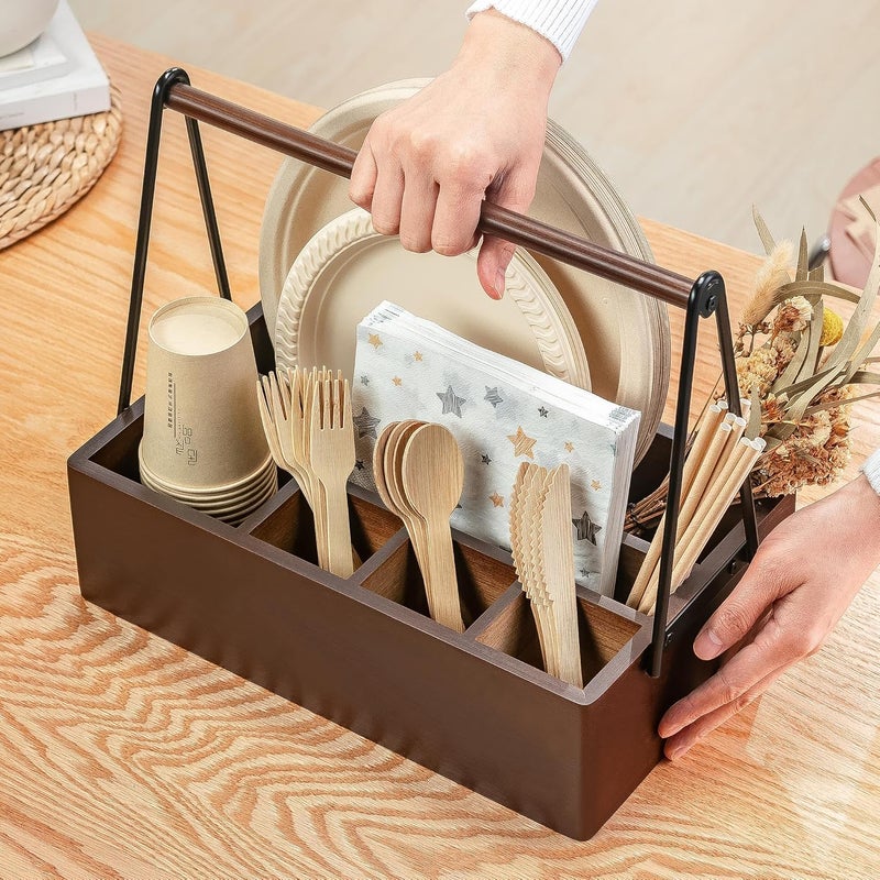 PTSTING Silverware Caddy with Handle Acacia Wood Utensil Holder Paper Plate Dispenser for Countertop Flatware Organizer Box for Spoons Forks Plates Cups Napkins - Image 4